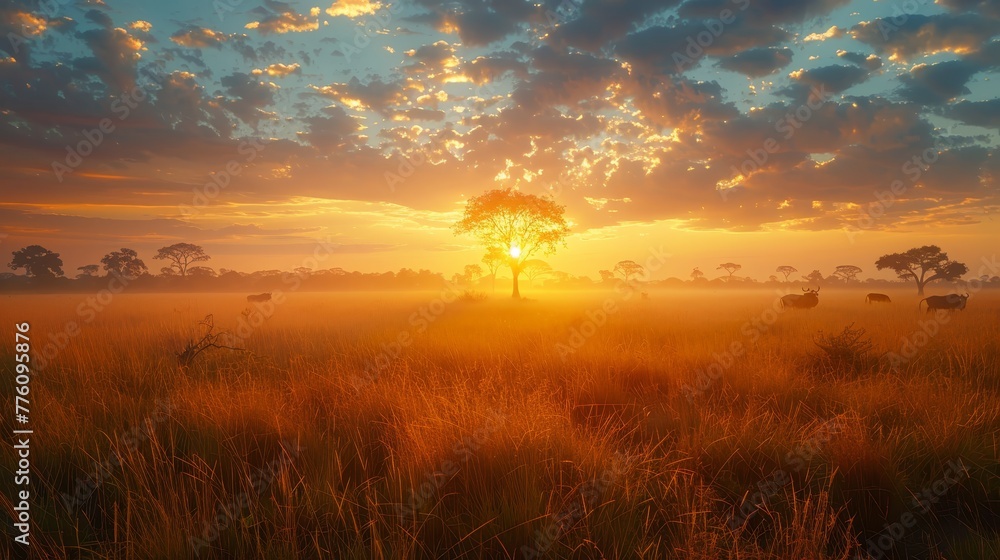 Poster a field of tall grass with a tree in the middle and a herd of cattle grazing. the sun is setting, ca