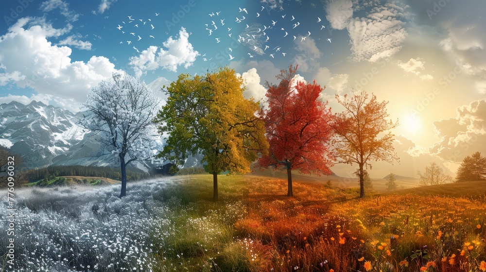 Poster a painting of a field with four trees in different seasons. the trees are in the foreground and back