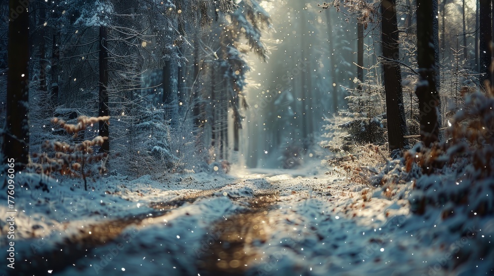 Poster a snowy forest with a path through it. the snow is falling and the trees are bare