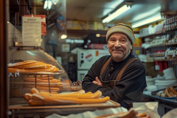 Old baker standing proud next to a counter with spanish churros