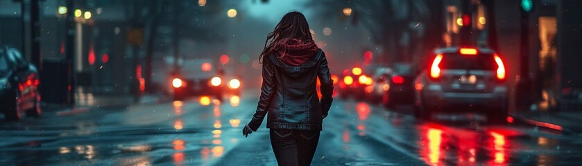 hyper realistic of a terrified woman running on an empty street in the dark, looking back as though something or someone is chasing her, capturing the intensity of her fear. - obrazy, fototapety, plakaty