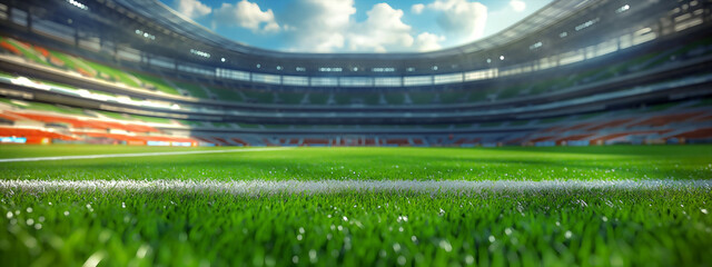 Sports stadium soccer game, blurred backdrop. Grass close up in sports arena - background.
