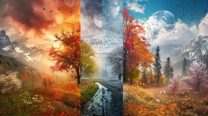 A series of three paintings of a forest with a river in the middle. The paintings are of different seasons, with the first painting showing autumn, the second showing winter