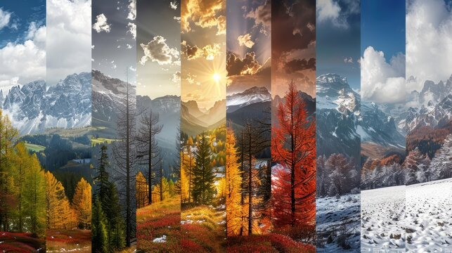 A series of photos of different seasons, including winter and fall. The photos are arranged in a row, with each one showing a different season. The mood of the images is peaceful and serene