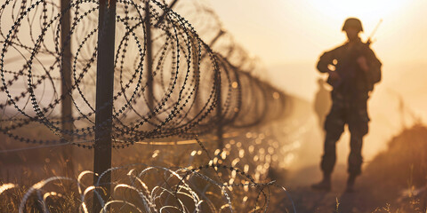 Armed border guard with barbed wire fence in the foreground - obrazy, fototapety, plakaty