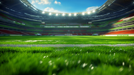 Sports stadium with lights, soccer game, blurred backdrop. Grass close up in sports arena -...