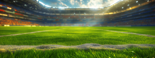 Sports stadium with lights, soccer game, blurred backdrop. Grass close up in sports arena - background. - obrazy, fototapety, plakaty
