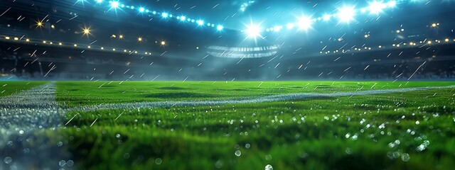 Sports stadium with lights, soccer game, blurred backdrop. Grass close up in sports arena -...