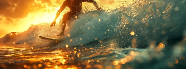 Foto op Aluminium Man riding a wave on top of a surfboard in the middle of the ocean with a sunset in the background © Yuliia