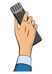 Journalist in pop art comic style, hand hold microphone. Voice recorder in hand of reporter. Press conference or interview, mass media news in cartoon illustration