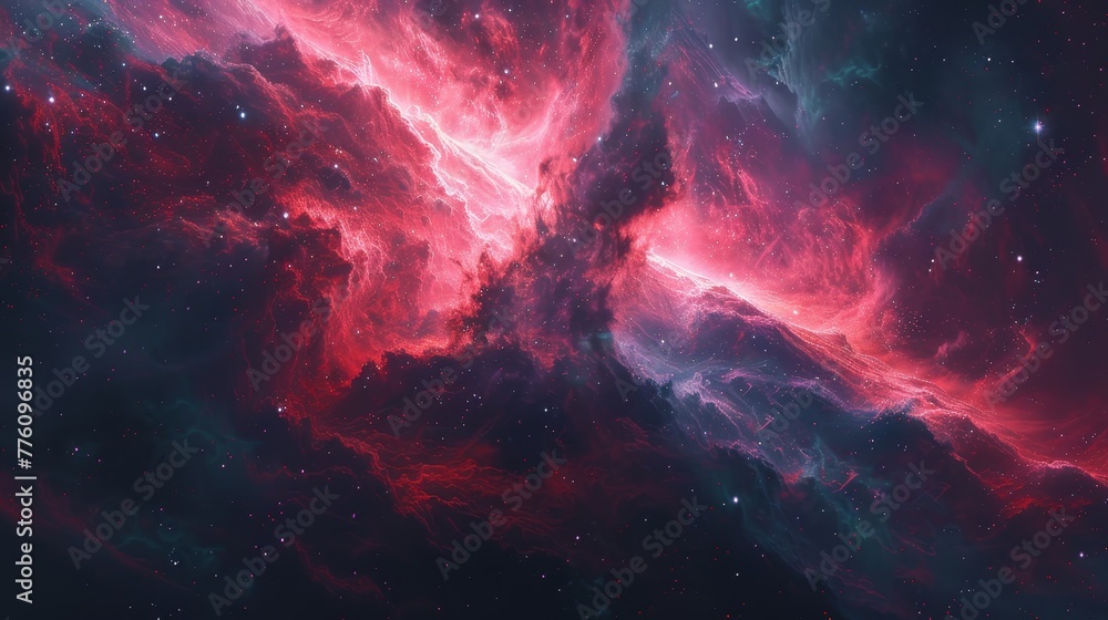 Poster a space scene with a red cloud in the middle. the stars are scattered throughout the image, creating