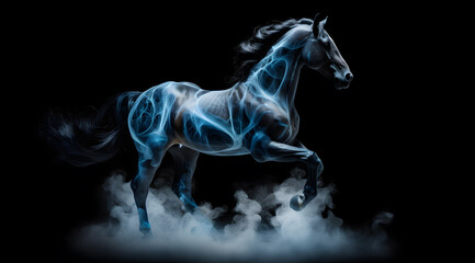 Obraz na płótnie Canvas Black horse galloping in white mysterious smoke or fog on black background