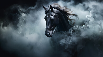 Black horse galloping in white mysterious smoke or fog on black background - obrazy, fototapety, plakaty