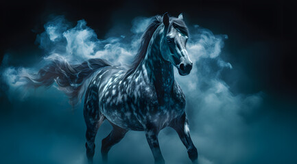 Black horse galloping in white mysterious smoke or fog on black background - obrazy, fototapety, plakaty