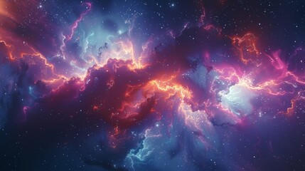 A colorful space scene with a purple cloud in the middle. The clouds are orange and pink. The stars are scattered throughout the sky