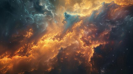 Fototapeta na wymiar A colorful space scene with orange and blue clouds. The sky is dark and the stars are visible