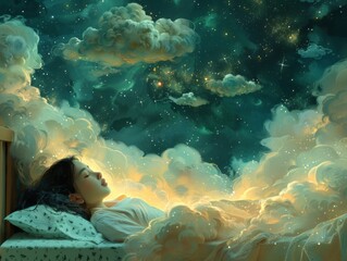 A woman lying on her side, flock of sheep floats above her, leaving behind a trail of stardust. - 776096883