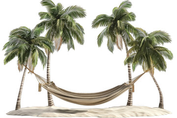 Tropical scene with palm trees and a hammock suggesting relaxation and vacation vibes on an island transparent background