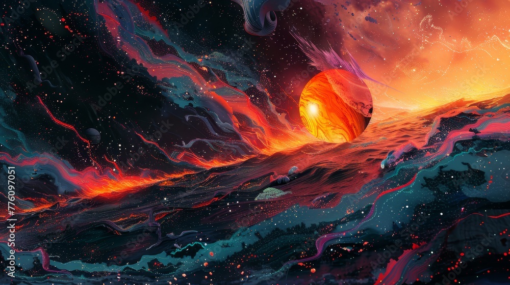 Poster a painting of a planet with a large red ball on it. the planet is surrounded by a lot of space and t