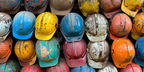 A vibrant assortment of hard hats stacked on top of each other - obrazy, fototapety, plakaty