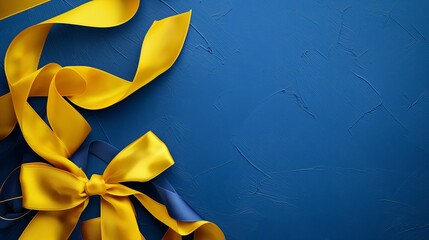 Yellow satin ribbon on blue backdrop symbolizes Ukraine. Vibrant, silky, glossy. Ukraine Independence Day August 24
