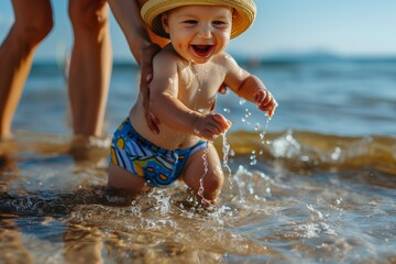 A happy baby boy wearing swimming trunks and sun hat is being held by his mother at the beach, he has just splashed in the water for the first time, with a joyful expression on his face