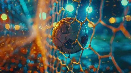 Foto op Plexiglas Closeup on soccer ball hitting goal net, stadium lights illuminating the night, emotion and anticipation palpable © Samita