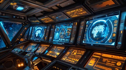 A futuristic space station with a view of the Earth and the moon. The screens are lit up with bright colors and the overall mood is one of excitement and wonder