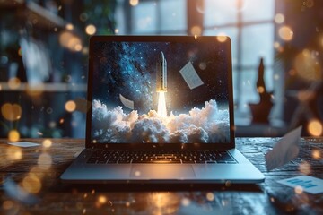Closeup A sleek laptop on a wooden desk, screen showing a space rocket blasting off, papers fluttering - obrazy, fototapety, plakaty