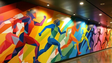 A colorful mural of runners in motion. The mural is a representation of the idea of running and the energy and excitement that comes with it