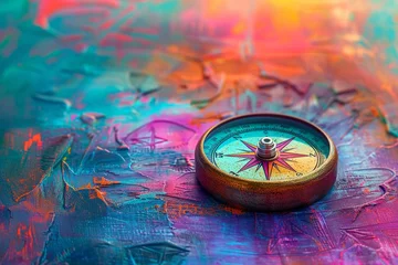 Foto op Aluminium Bright, colorful compass on a vibrant, abstract background, showcasing the joy and vibrancy of discovering new paths © Samita