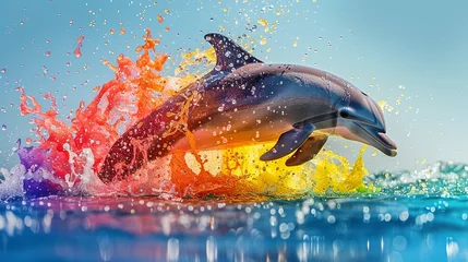 Foto op Aluminium Closeup of a dolphin midjump, with water droplets forming a spectrum of rainbow colors around it, clear blue sky © Samita