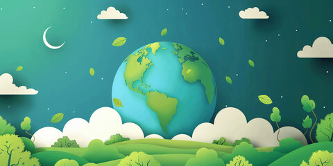 Fototapeta na wymiar Paper Art Earth and Green Nature Scene Illustration