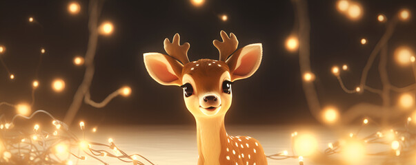 Cute Christmas deer, Cute Christmas reindeer figurine with colorful lights. a gold reindeer with antlers bokeh background
