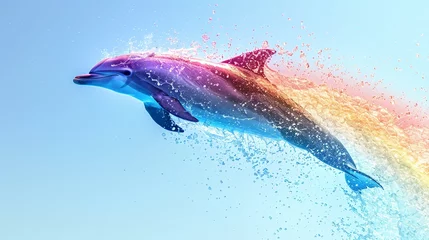 Foto op Plexiglas Closeup of a dolphin midjump, with water droplets forming a spectrum of rainbow colors around it, clear blue sky © Samita