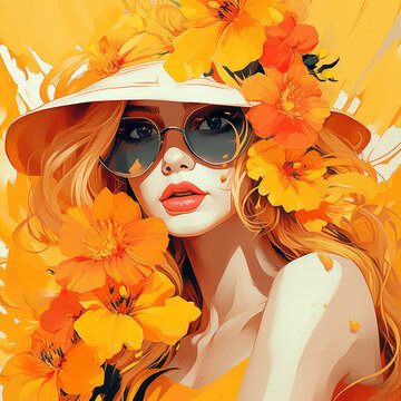 Beautiful woman with long hair, wearing sunglasses, hat and tropic flowers on yellow background. Summer sunny mood. Design and production of postcards, posters, clothing, beach bags, printed products.