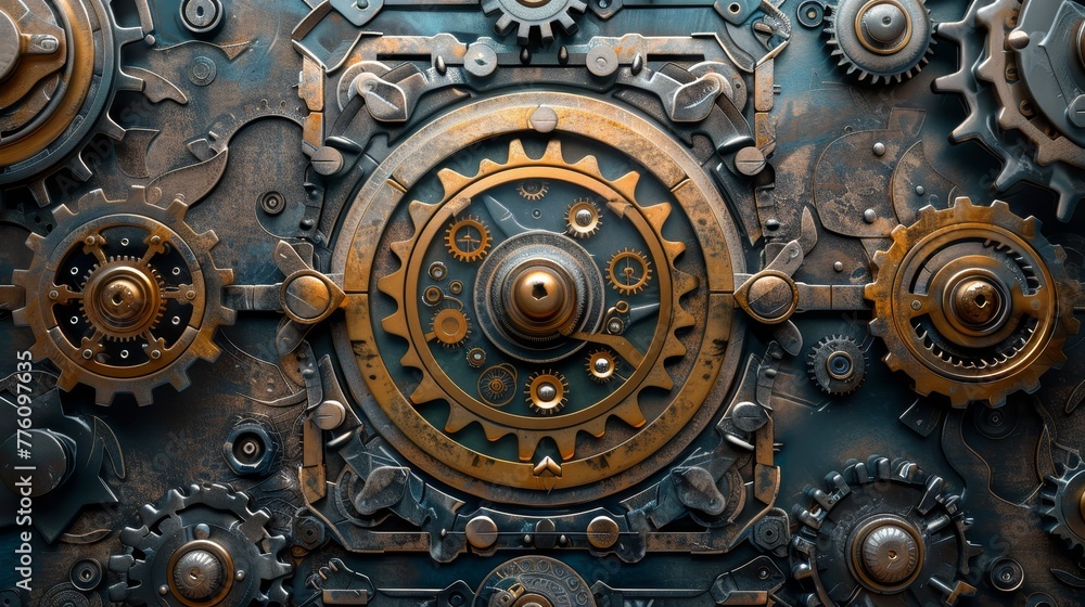 Poster a close up of a clock face with many gears. the clock face is made of metal and has a vintage look t
