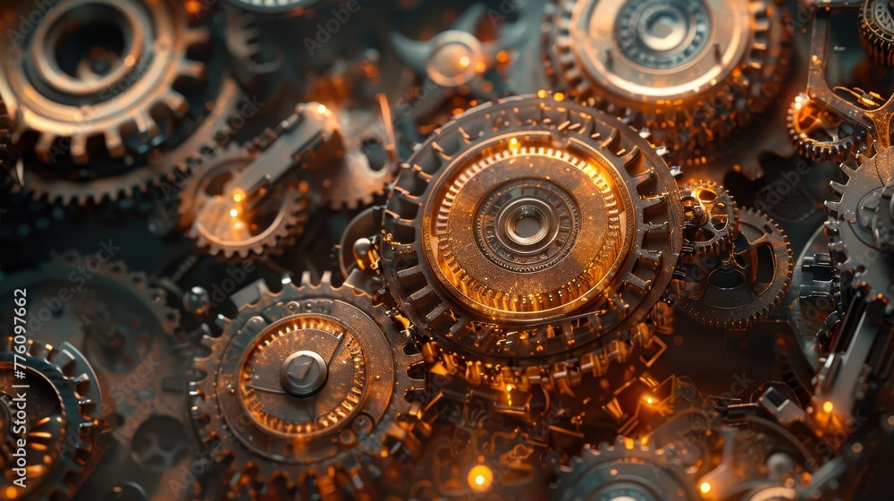 Poster a close up of a group of gears, some of which are glowing in the dark. scene is one of mystery and i