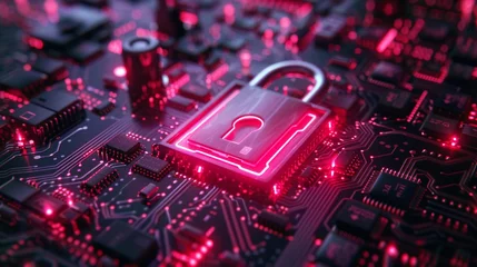 Foto op Aluminium Closeup of a lock superimposed on a digital screen, showcasing data encryption Neon lights and circuit patterns © Samita