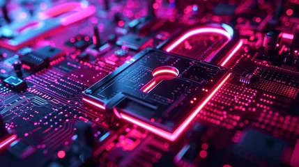 Foto op Aluminium Closeup of a lock superimposed on a digital screen, showcasing data encryption Neon lights and circuit patterns © Samita