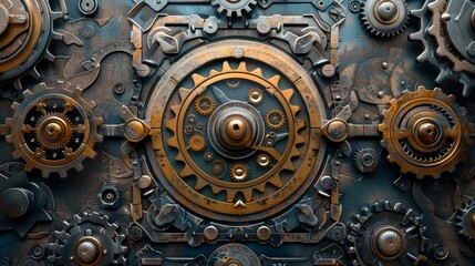 A close up of a clock face with many gears. The clock face is made of metal and has a vintage look to it. The gears are of different sizes and are arranged in a circular pattern