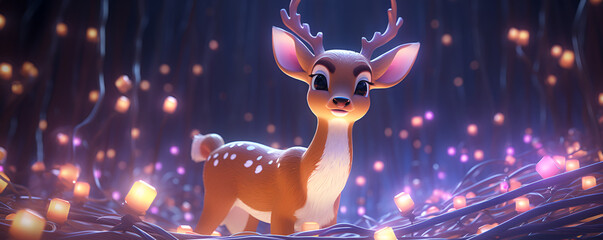 Deer in the Magic Forest in neon color  golden bokeh of lights in the background with hanging lights