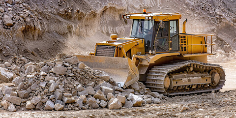 A bulldozer in action shifting rocks to form a pile at a construction site laying groundwork for new development