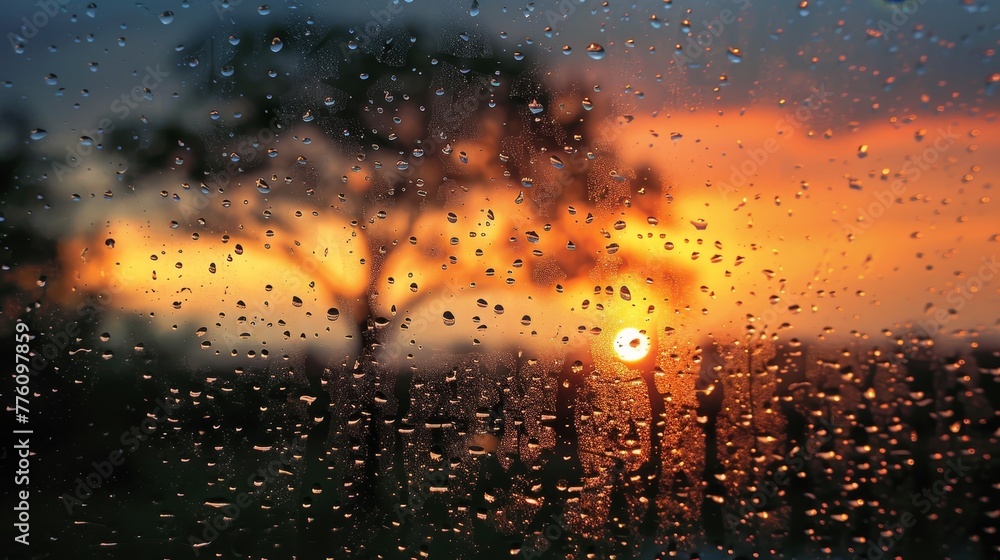 Poster a tree is reflected in the raindrops on a window. the sun is setting in the background, casting a wa