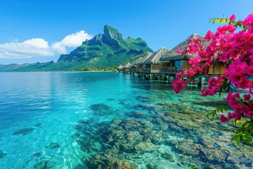 Foto op Plexiglas Bora Bora, Frans Polynesië Bora Bora in French Polynesia fuses volcanic mountains with overwater bungalows