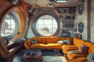 futuristic living room with circular windows, a sofa and table in the center of a space station, an orange colored couch, a round window, a coffee table, with a space theme, in the style of scifi.