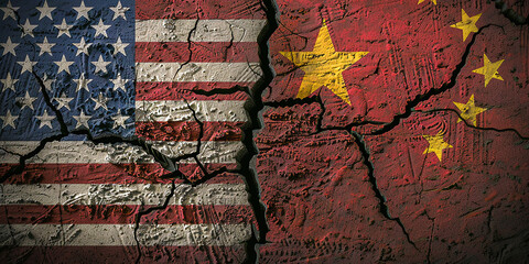 Chinese and American flags on cracked wall background