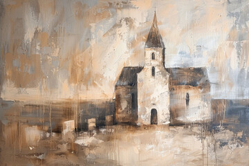 Vintage Church Painting - beautiful Landscape and neutral colors