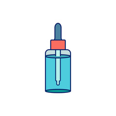 Glass bottle with a dropper and liquid inside. Vial with pipette. Color vector on white background.