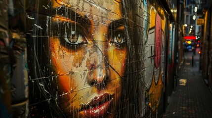 A woman's face is painted on a wall. The painting is very detailed and realistic, with the woman's eyes and mouth clearly visible. Scene is somewhat eerie